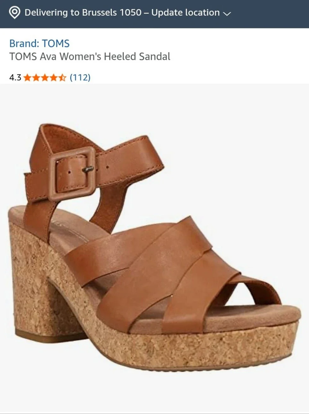 TOMS Ava Brown Leather Cork Block Heel Sandal 6.5